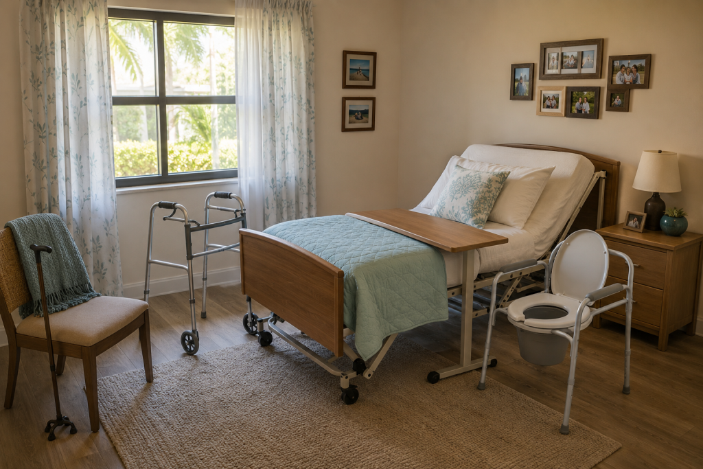 Home bedroom prepared with a hospital bed, walkers, bedside commode, cane and overbed table.
