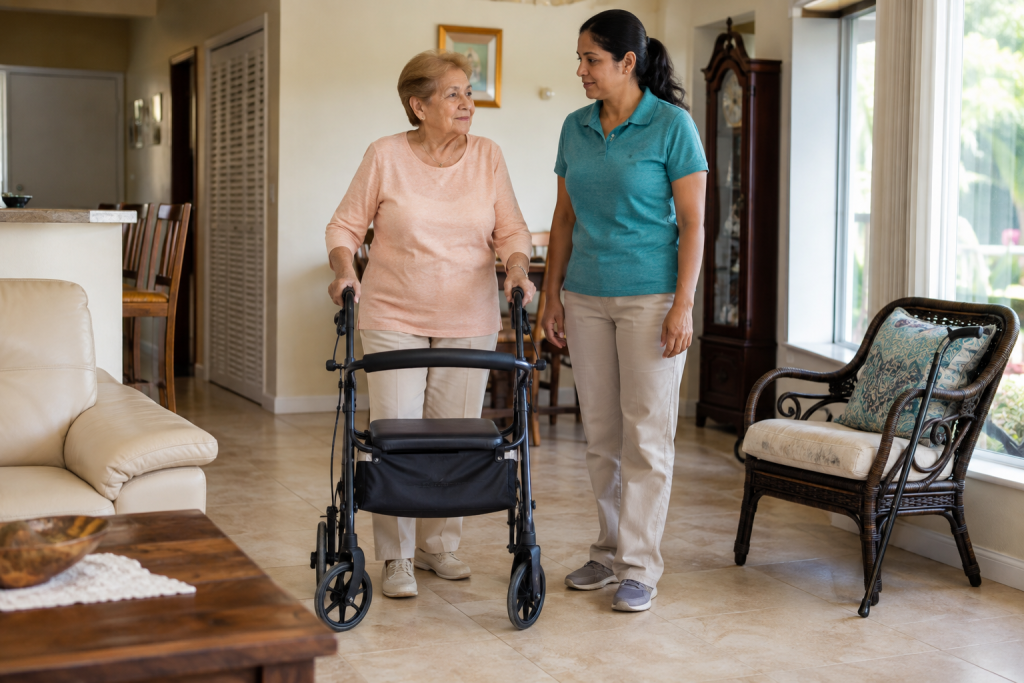 Senior woman using a rolling walker at home with a caregiver providing mobility support.