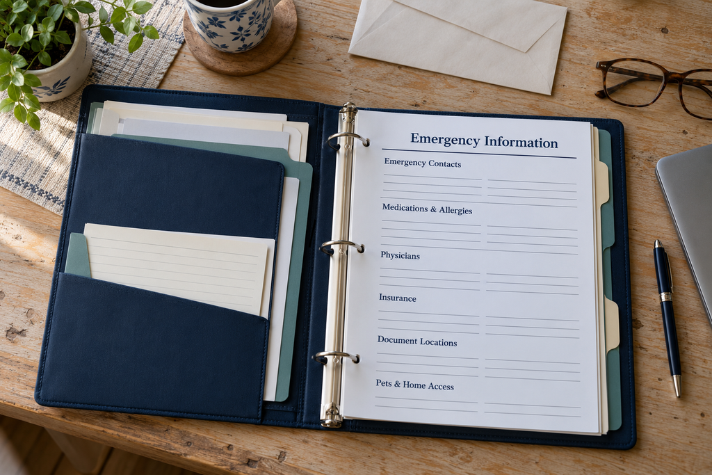 Open binder with a blank emergency information checklist covering contacts, medications, allergies, physicians, insurance and home access.
